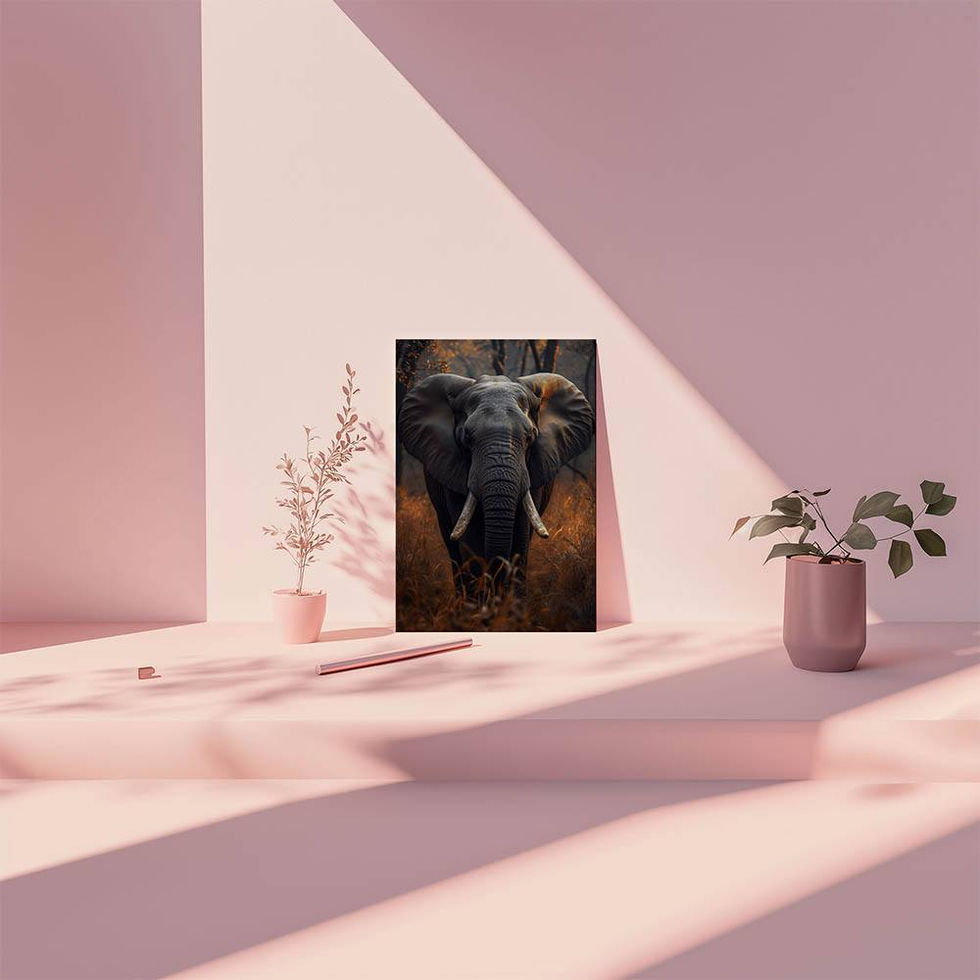 Elephant emerging from orange mist in a forest setting.