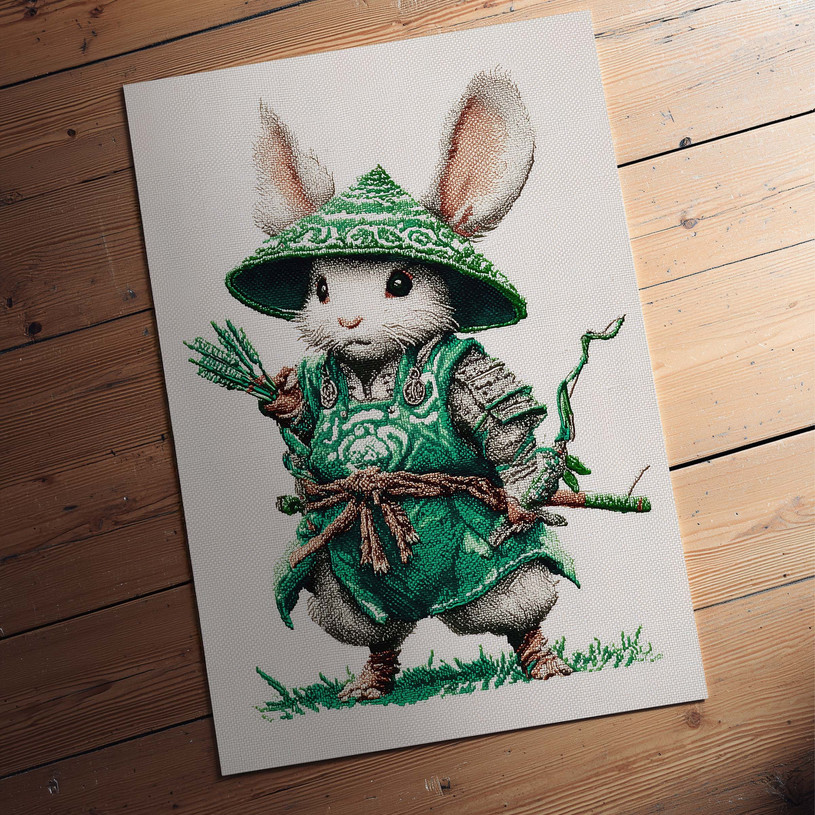 Whimsical art print of a small mouse dressed as a samurai in green armour holding a bow.