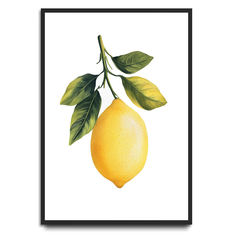 Illustration of a yellow lemon hanging from a branch with green leaves on a white background.