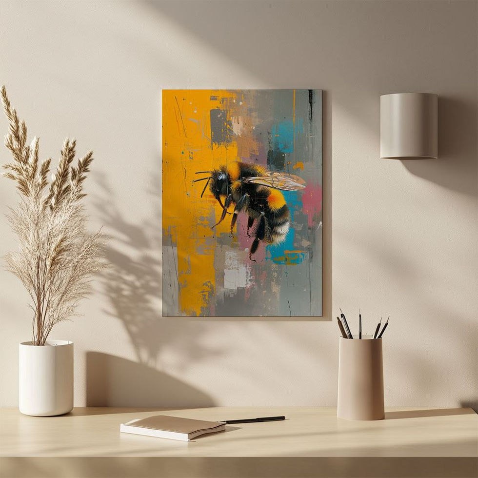 Colourful art print of a bumblebee on an abstract background with yellow, grey, and teal brush strokes.