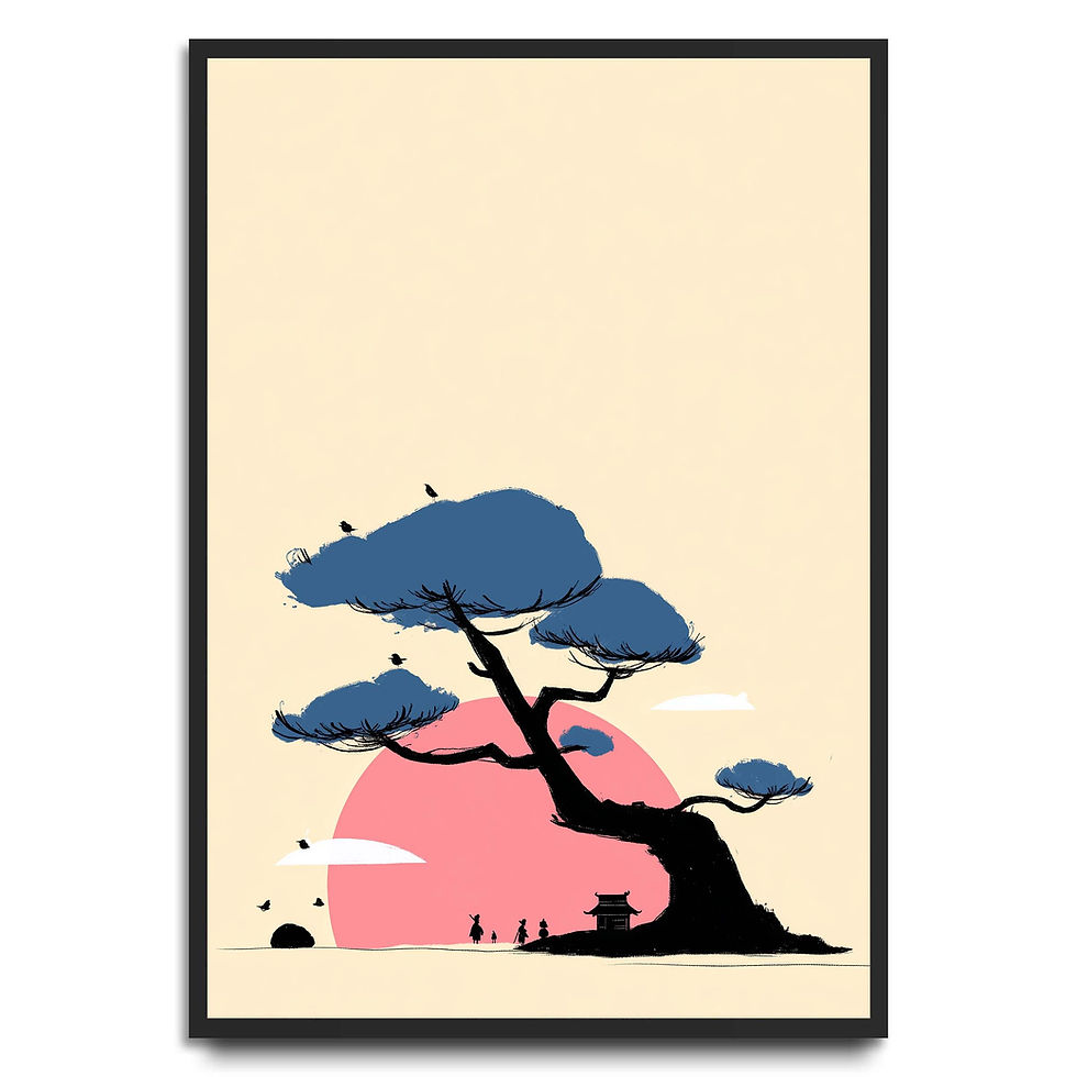 Minimal Japanese-inspired art print of a silhouetted tree against a pink sun.
