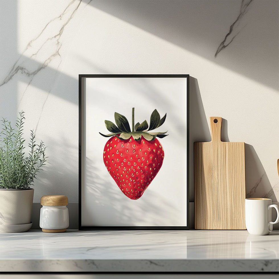 Realistic illustration of a single red strawberry with green leaves on a white background.