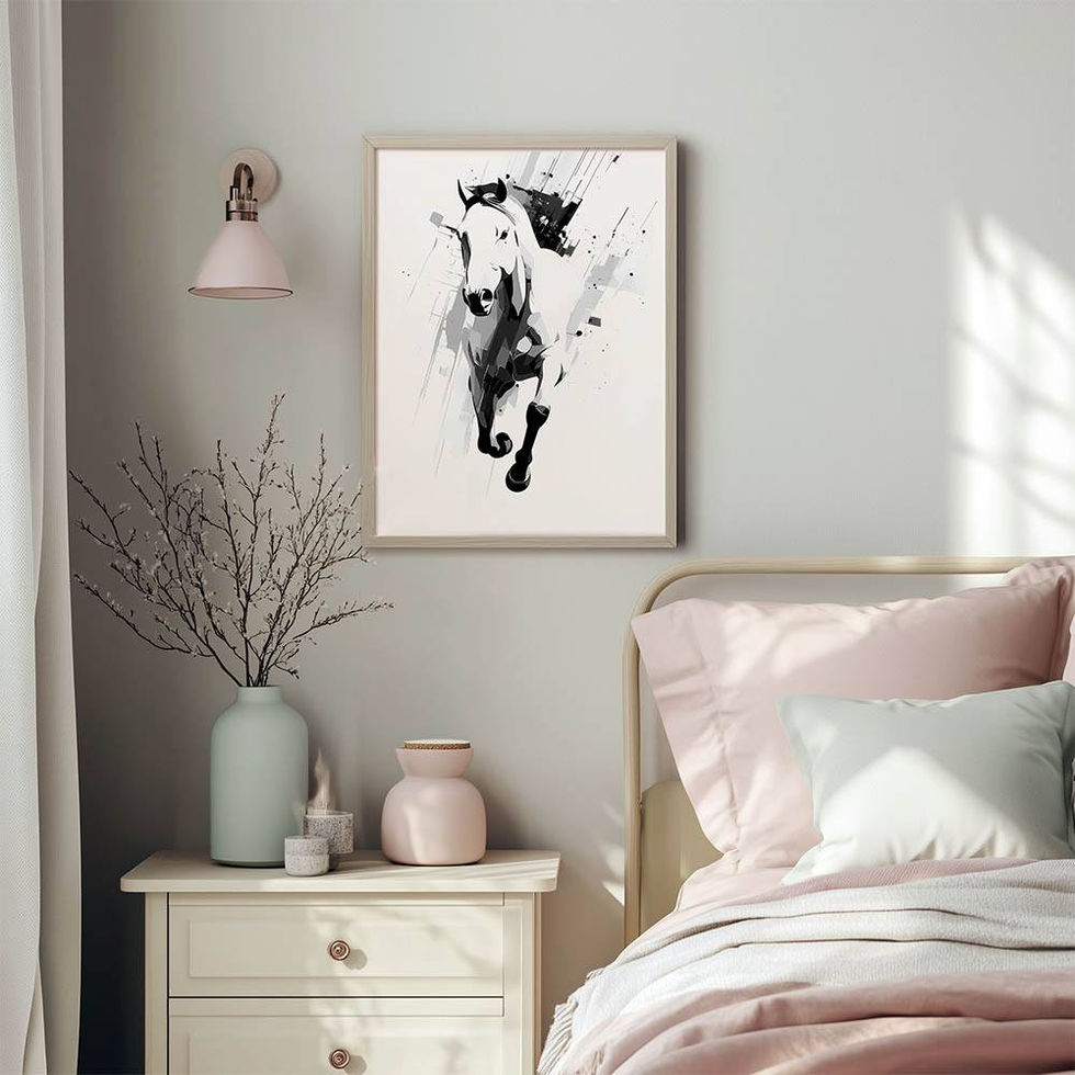 Black and white sketch of a galloping horse with ink splash effect