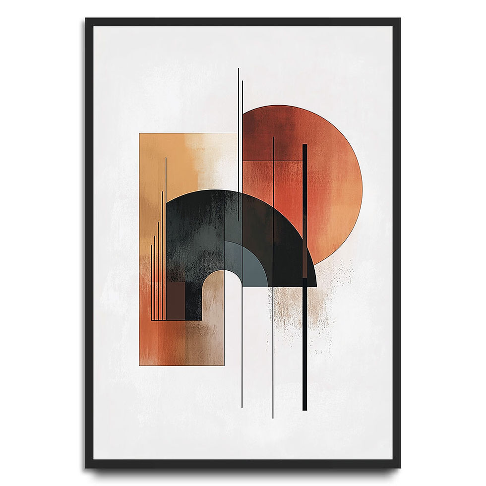 Abstract geometric shapes including arches and rectangles in terracotta, black, and beige – modern minimalist art print.