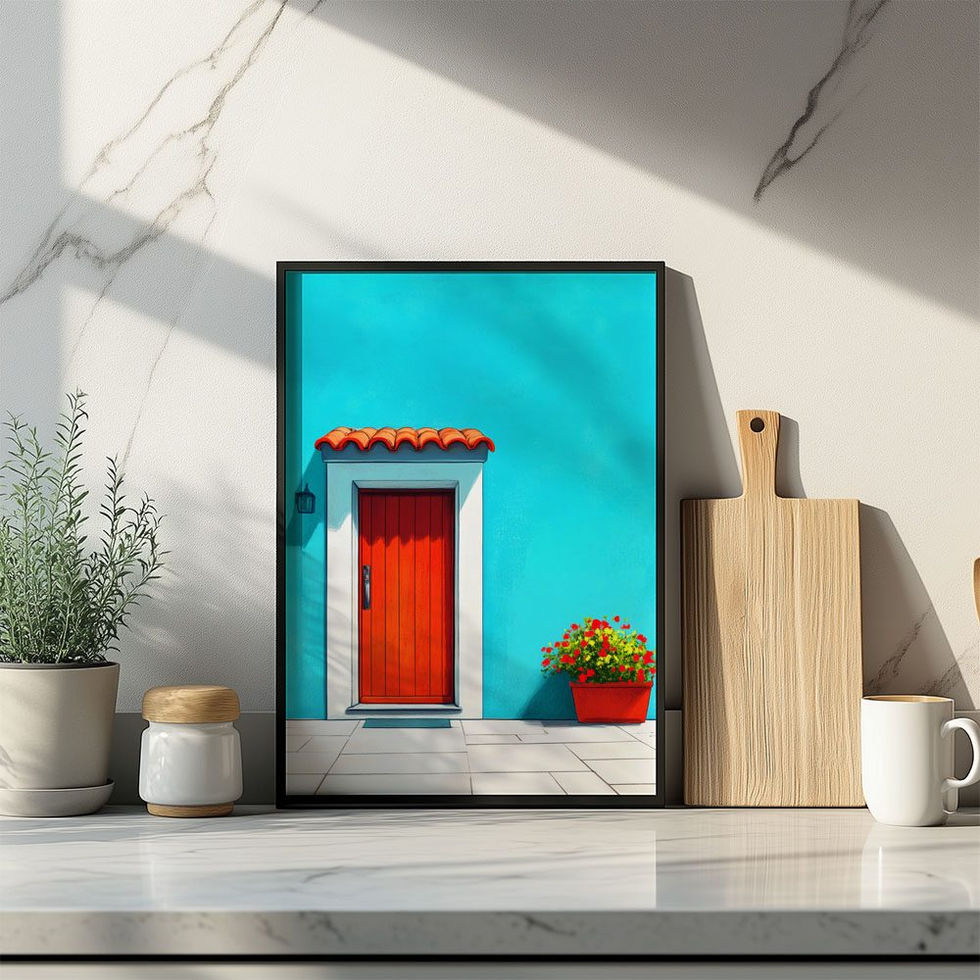 Bright red door on a turquoise wall with a red flower pot.