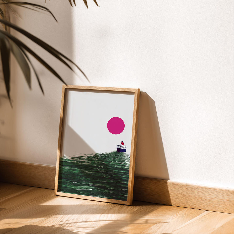 Minimalist art print of a ship at sea with a large magenta sun and textured green ocean waves.
