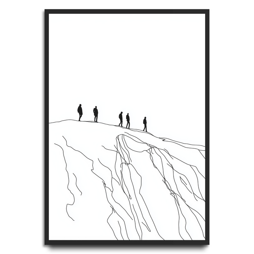 Minimal line drawing of people standing on a cliff edge.
