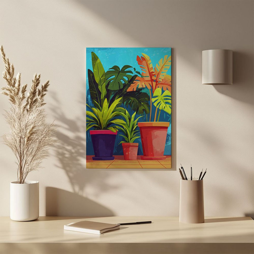 Illustrated tropical houseplants in colourful pots set against a rich blue background – bold and playful botanical art print.
