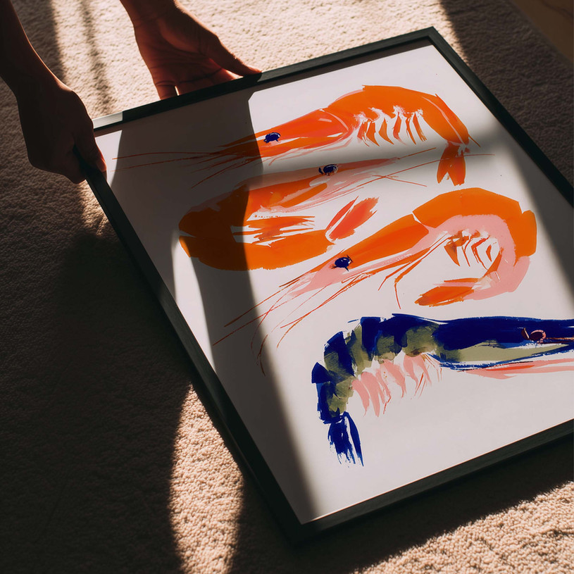 Modern art print of four colourful prawns painted in bold orange and blue brush strokes.