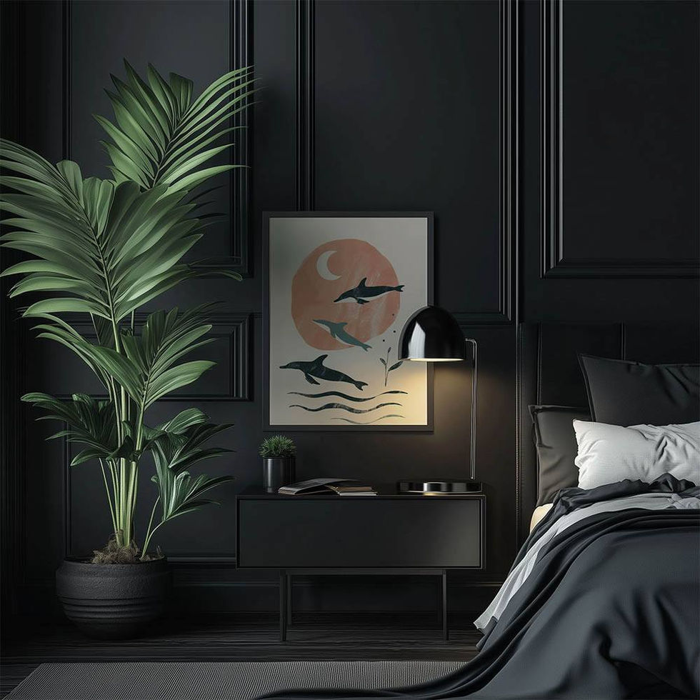 Minimalist marine wall art featuring dolphins under a moonlit sky — modern and whimsical.