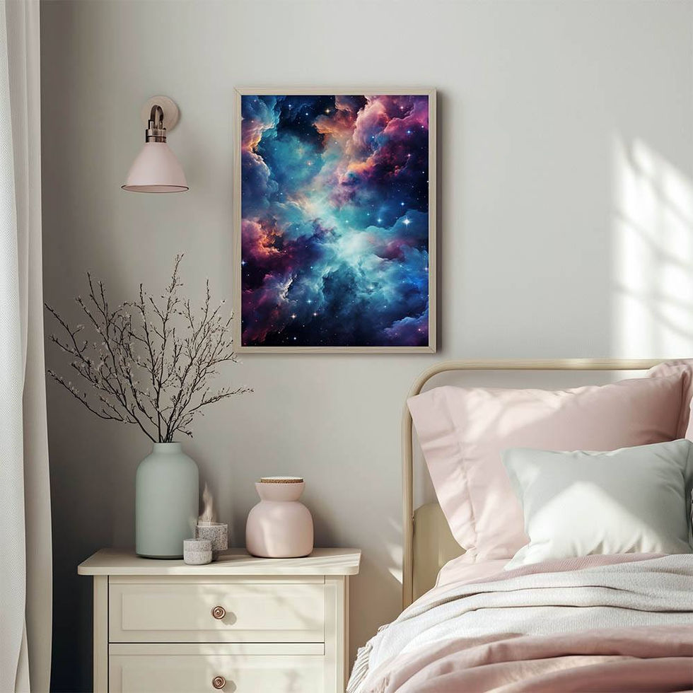 Colourful galaxy cloud artwork with swirling nebulae and bright stars in a deep space sky.