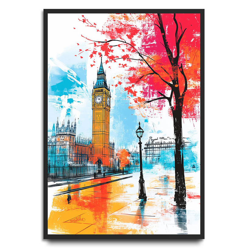 Bright London cityscape featuring Big Ben and autumn trees in a watercolour style — lively and iconic.