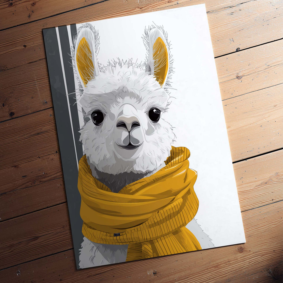 Cute llama art print featuring a white llama wearing a mustard orange scarf.