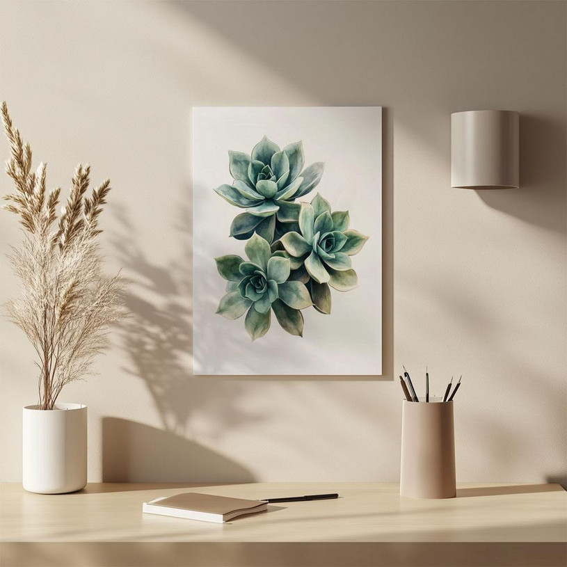 Watercolour painting of three green succulents with soft shading on a white background.