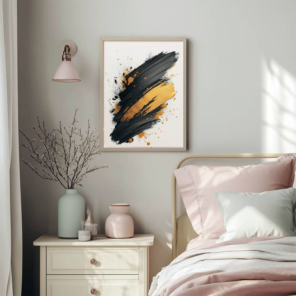 Black and gold abstract brushstrokes with paint splatter effects on a white background – bold modern wall art.