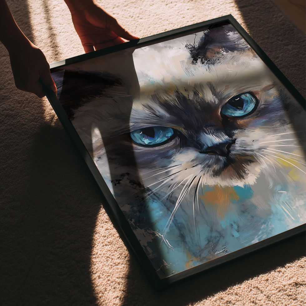 Close-up abstract cat portrait with piercing blue eyes and expressive brushstrokes in grey, blue, and warm tones.