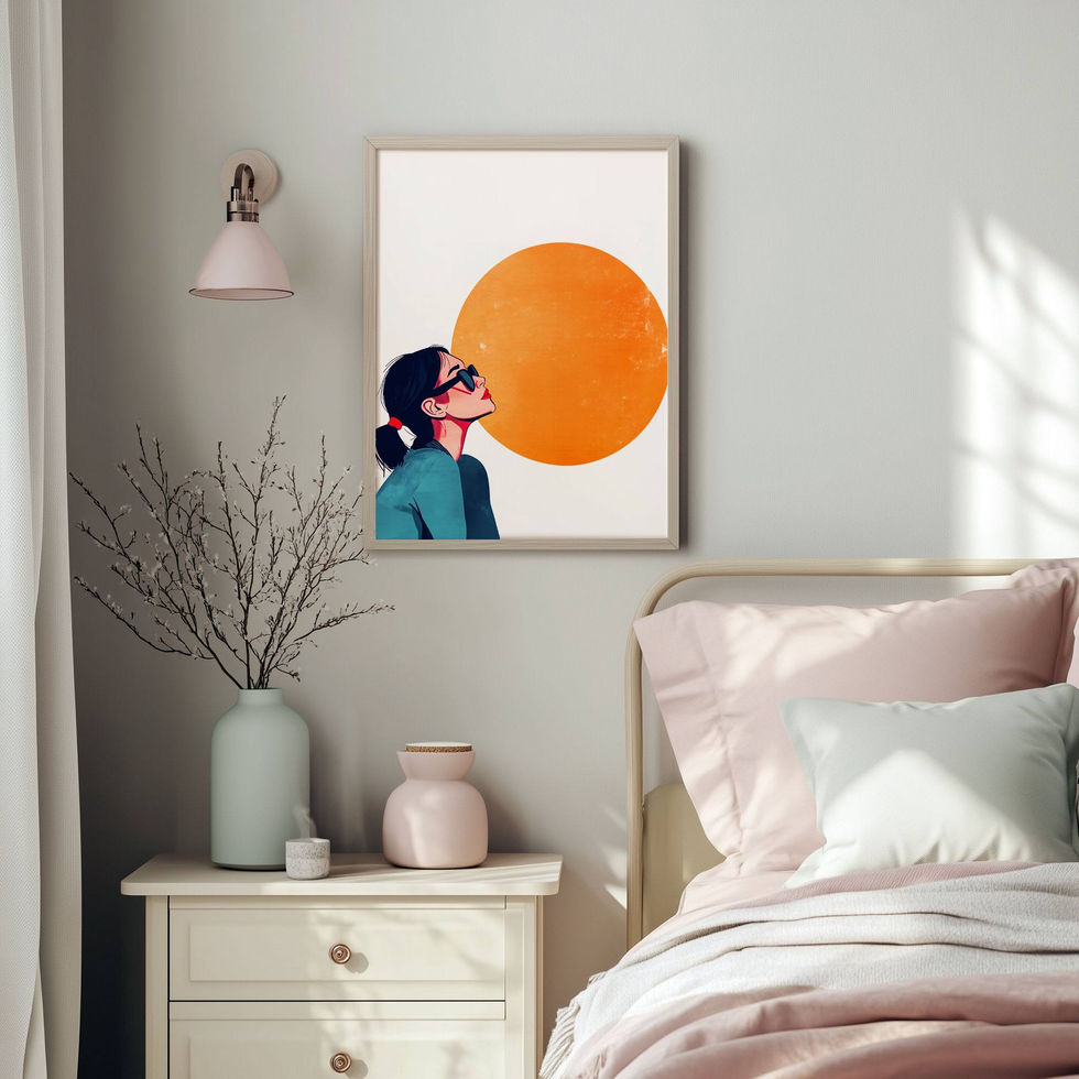 Minimalist illustration of a woman in sunglasses looking up at a large orange sun on a white background.