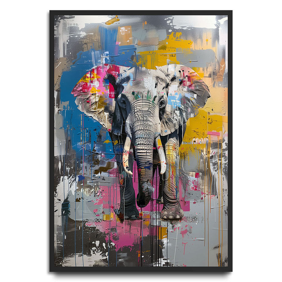 Colourful abstract painting of an elephant with bold splashes of pink, yellow, blue, and grey.