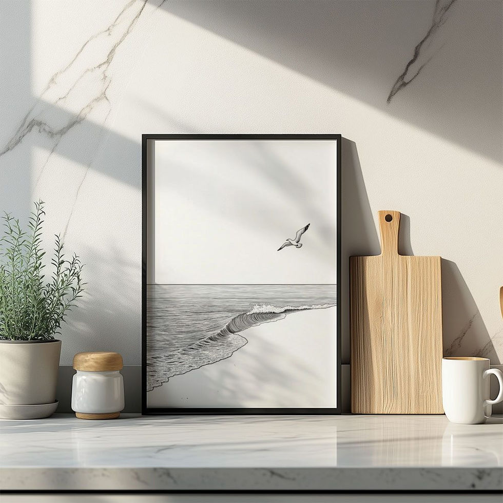 Black and white seascape drawing with waves and a flying seagull