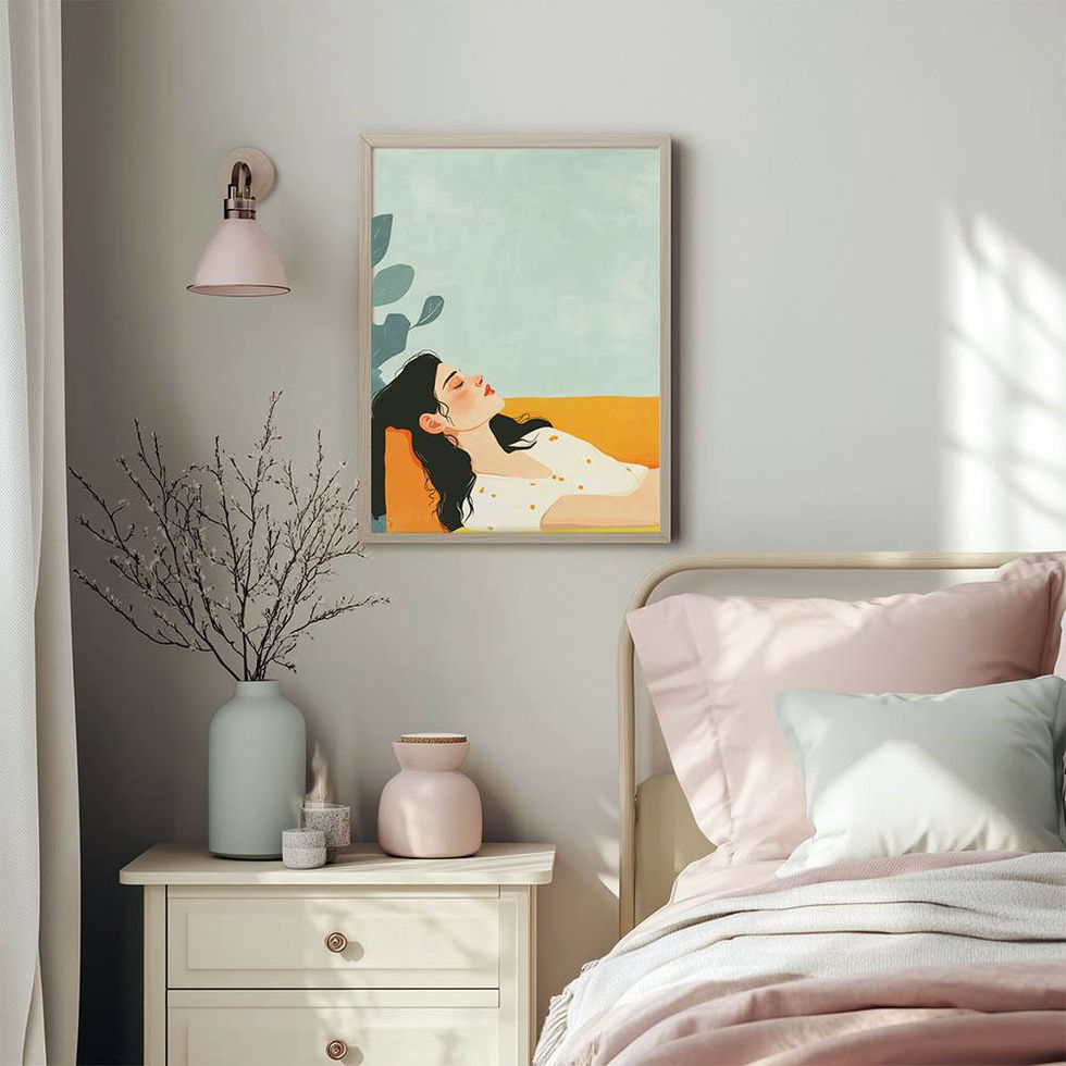 Minimalist illustration of a woman lying on a yellow couch in a pastel room.