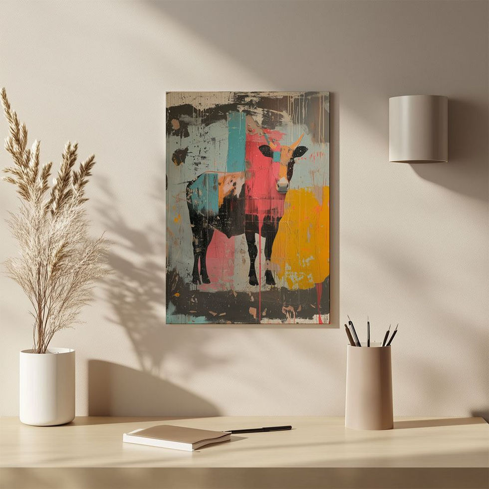 Quirky and bold cow art with a colourful pop-art edge — expressive and rustic.