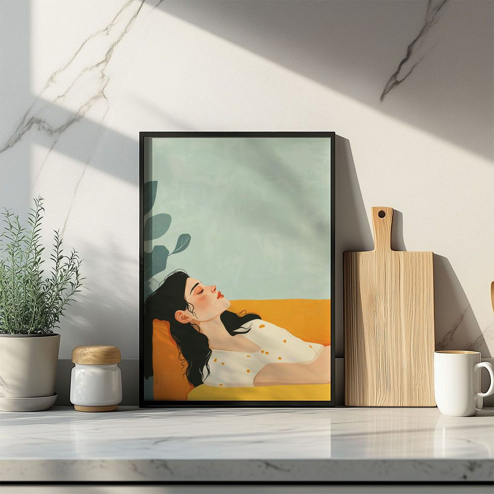 Minimalist illustration of a woman lying on a yellow couch in a pastel room.