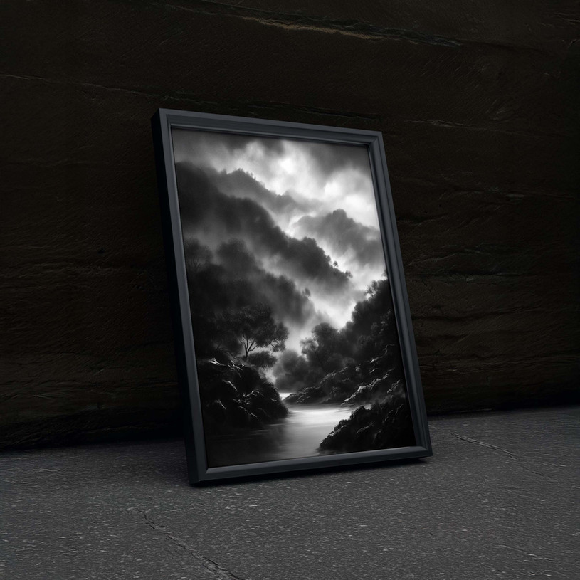 Black and white landscape art print of dramatic cliffs under heavy clouds.