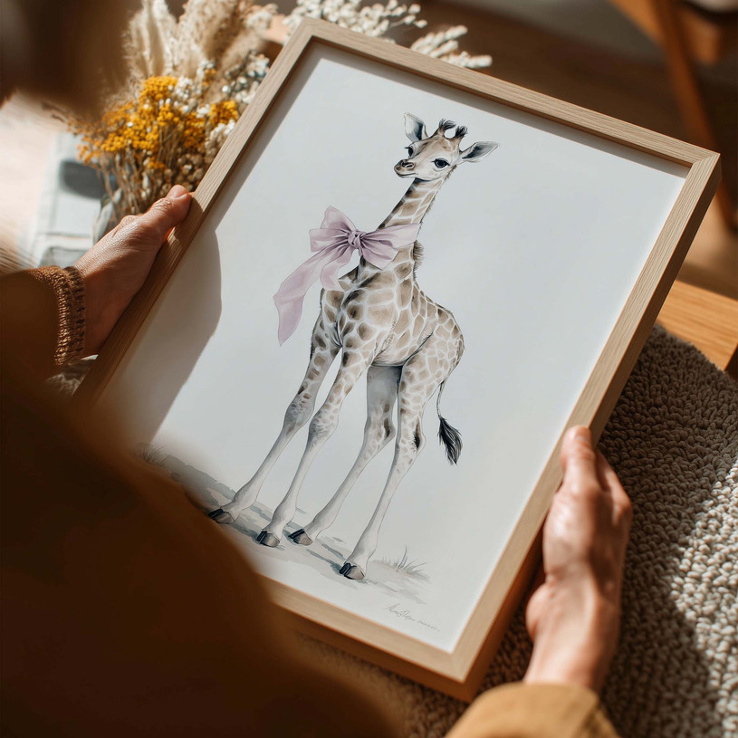 Nursery art print of a baby giraffe wearing a soft pink bow on a light background.