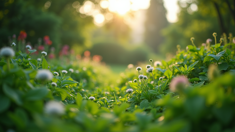 Eye-level view of a lush green garden with diverse plants