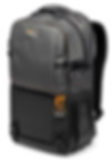 A dark gray camera backpack with a top and bottom compartment design