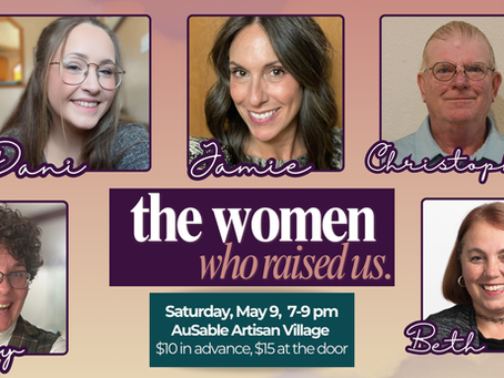 A collage of friendly faces highlighting speakers for an upcoming Storytellers event taking place in downtown Grayling at the AuSable Artisan Village on May 9. 