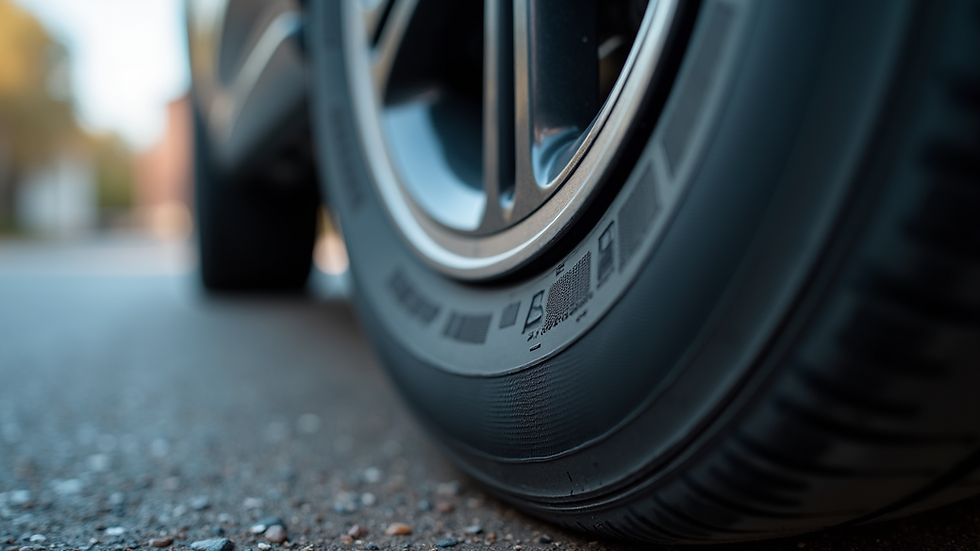 Close-up view of tire tread depth measurement tool on a tire