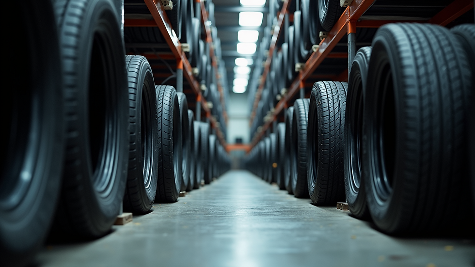 Eye-level view of stacked new and used tires in a warehouse