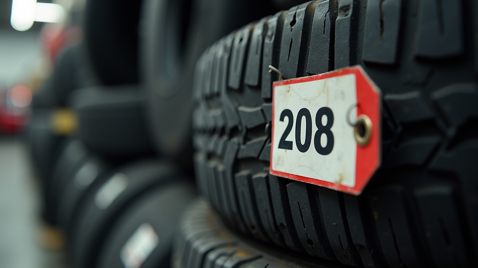 Close-up view of a price tag on a used tire in a tire shop