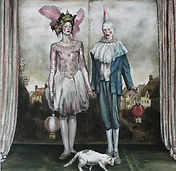 painting, figurative, performers, clown, cat