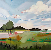 landscape, sky, painting, road, clouds, rural, trees