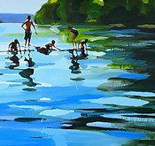 painting, figurative, lake, swimming, reflection