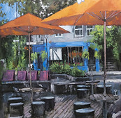 painting, city, umbrellas, patio, landscape