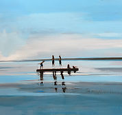 painting, lake, swimming, dock