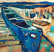 Shoreline, painting, canoe, lake, blue