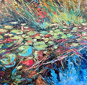 painting, lilypads, lake, water, nature, landscape