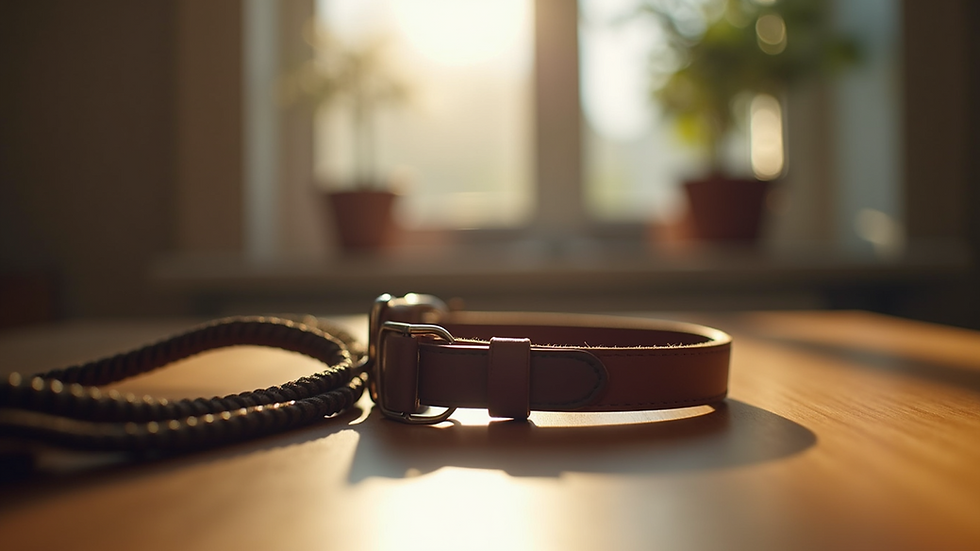Eye-level view of a dog collar and leash on a wooden table