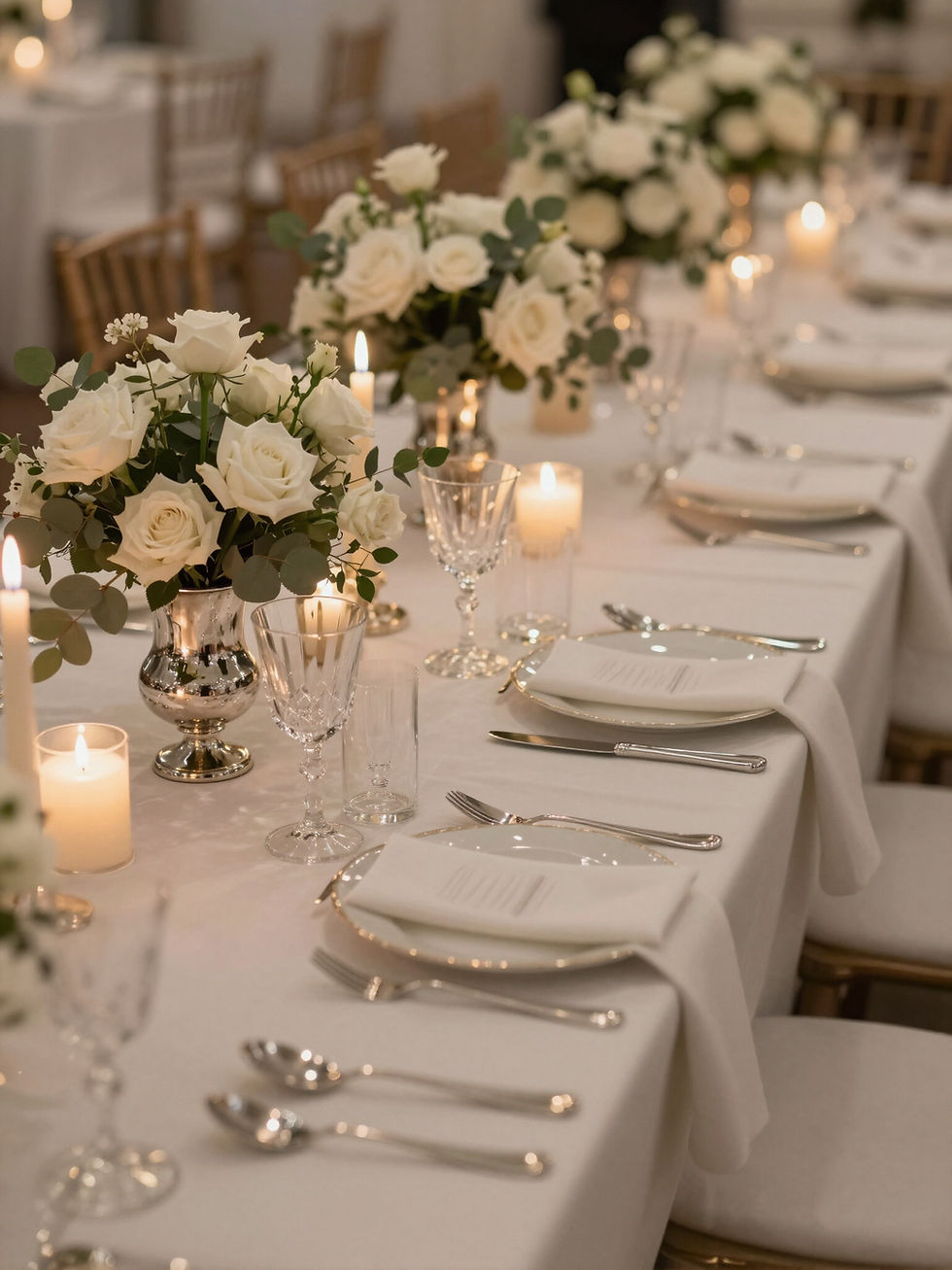 Elegant wedding table set with white roses and candles