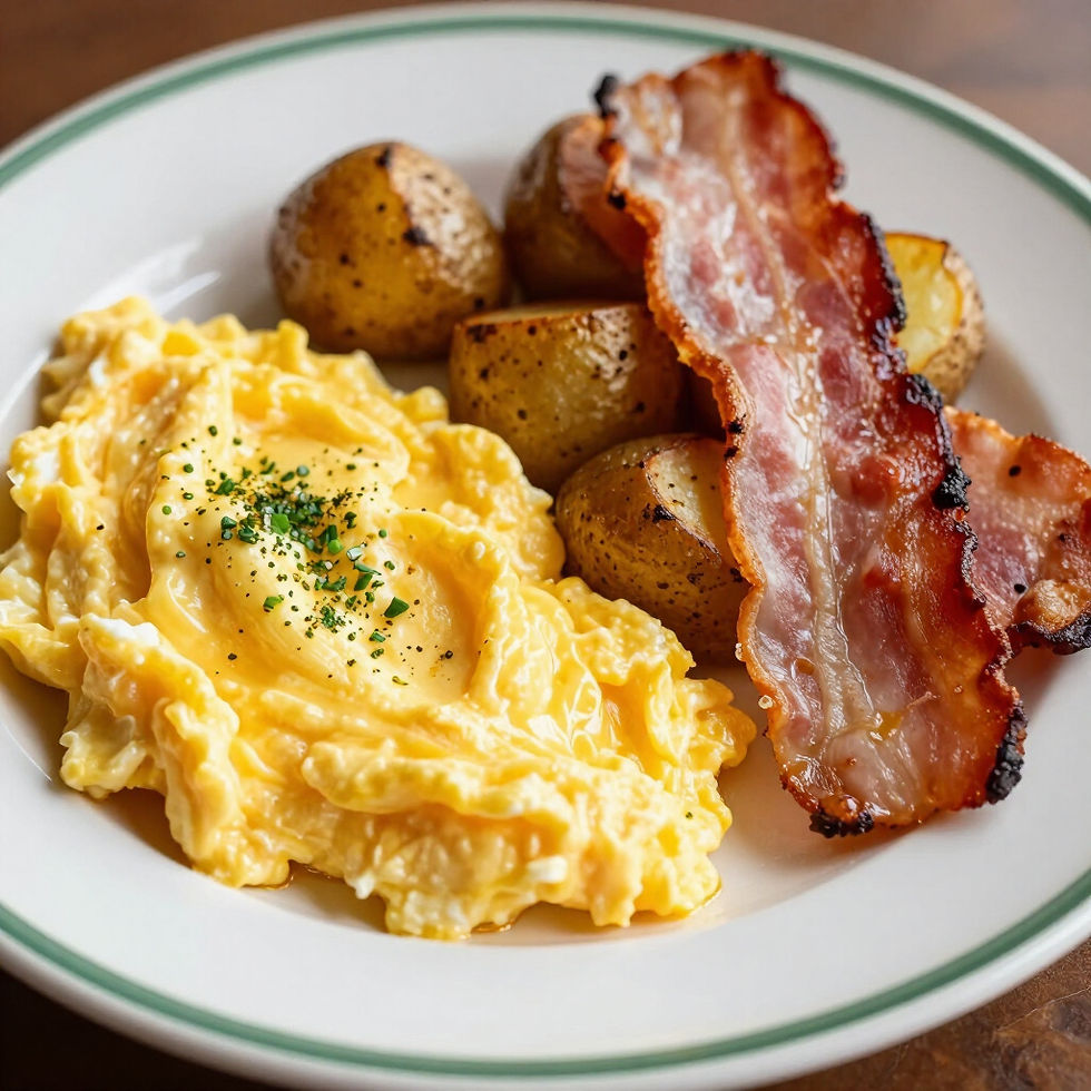 Scrambled eggs, roasted potatoes, and crispy bacon on a plate.