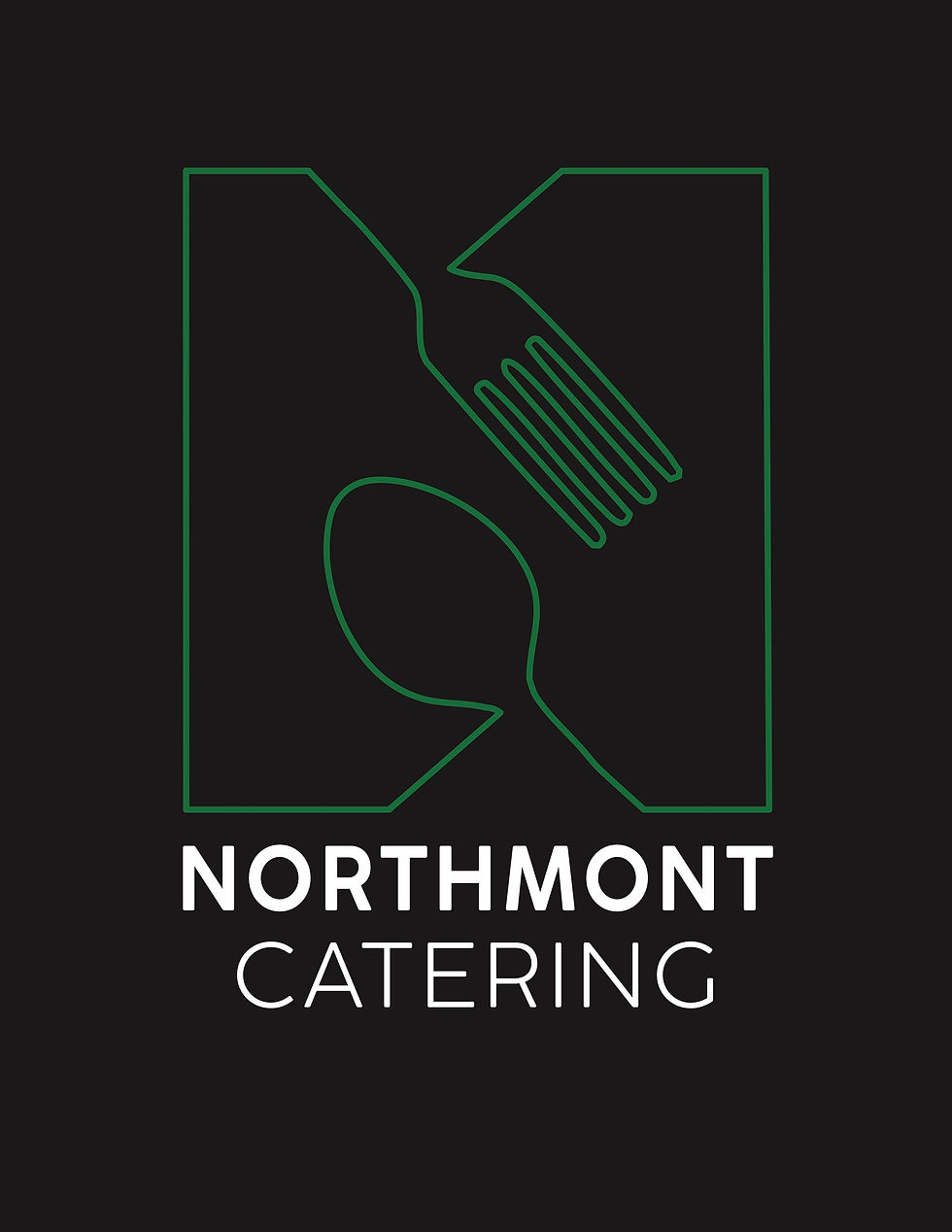 Northmont Catering logo with fork and spoon silhouette green outline on black background