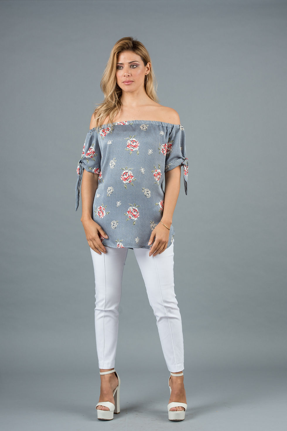 Miniatura: Blusa Elástico Hombro Cuadros Flores