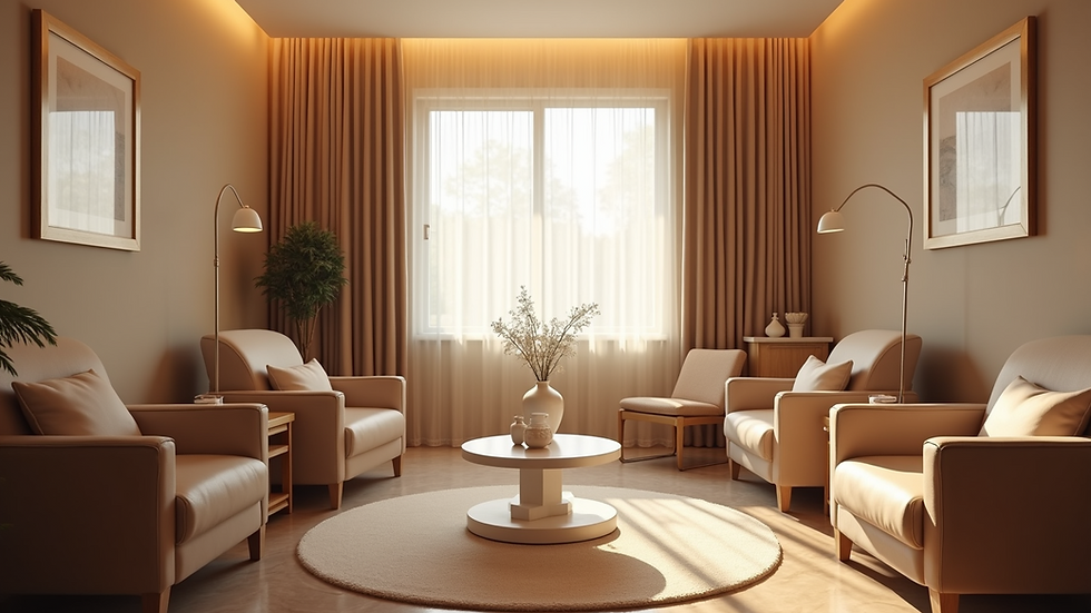 Eye-level view of a cozy treatment room with comfortable chairs and soft lighting