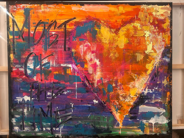 Bespoke oringal artwork with most of the time written, Bob dylan lyric, abstract bright colours, acrylic on canvas 1.2m x 2m