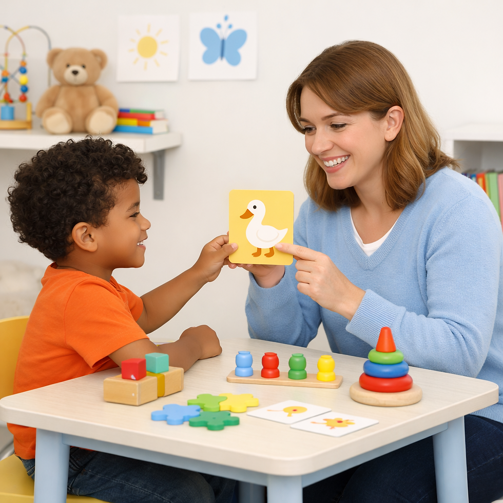 Woman providing speech therapy for childrens with cards.