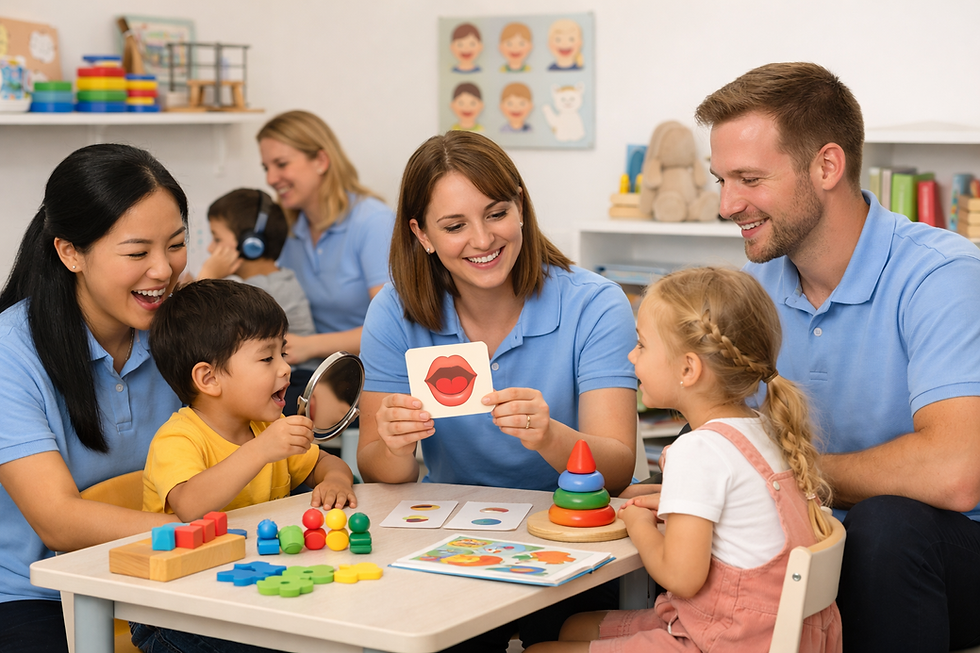 Children and therapists in speech therapy for childrens.
